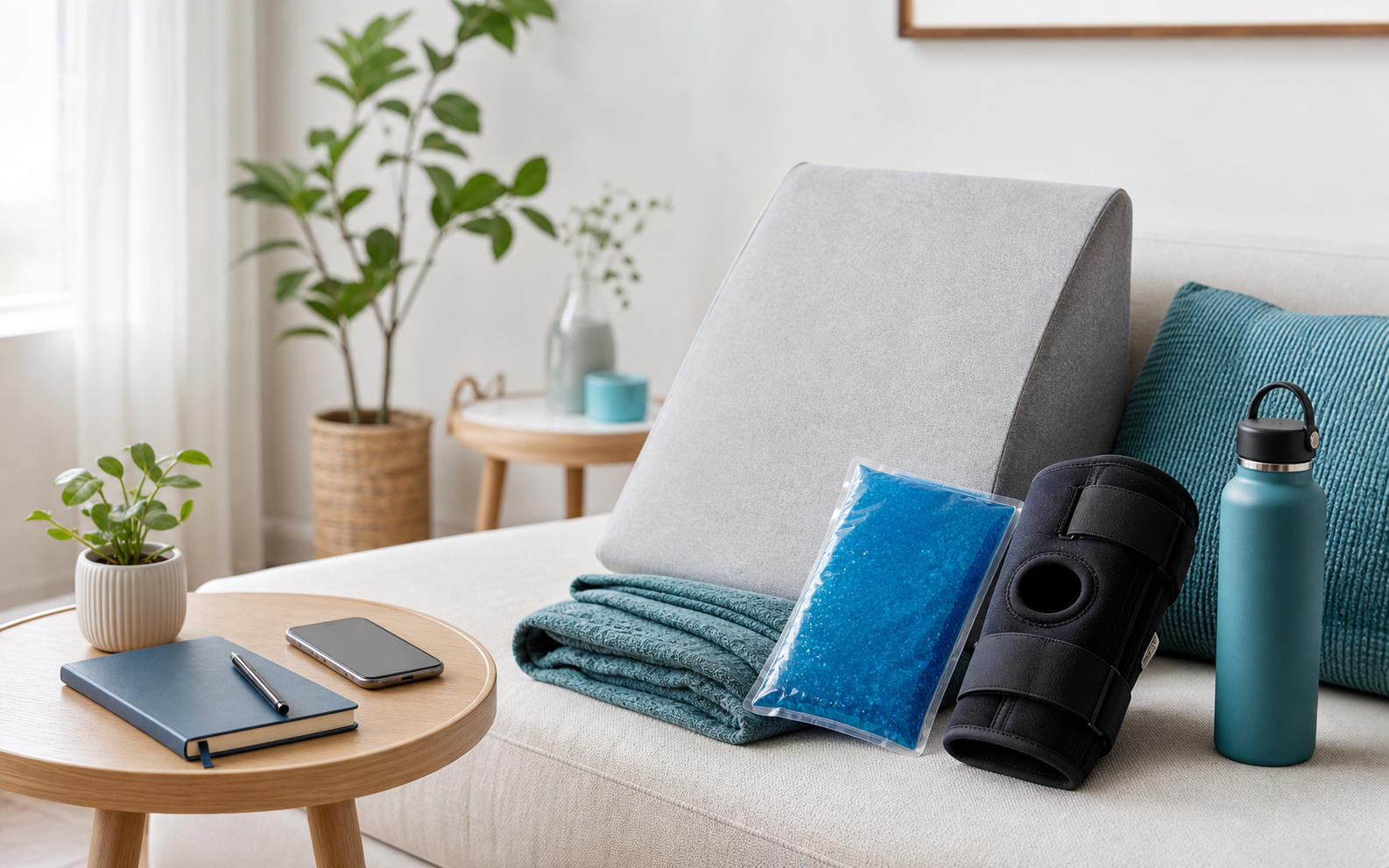 A calm home recovery setup with pillows, cold packs, and supportive gear